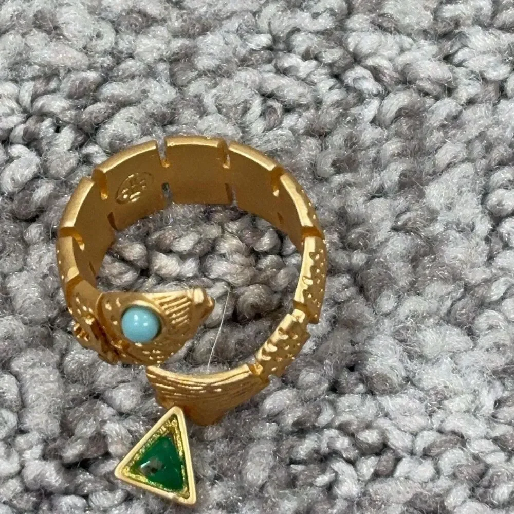 Tory Burch Ring 8 Gold Tone Fish Wrap Coastal Green Womens Jewelry Signed